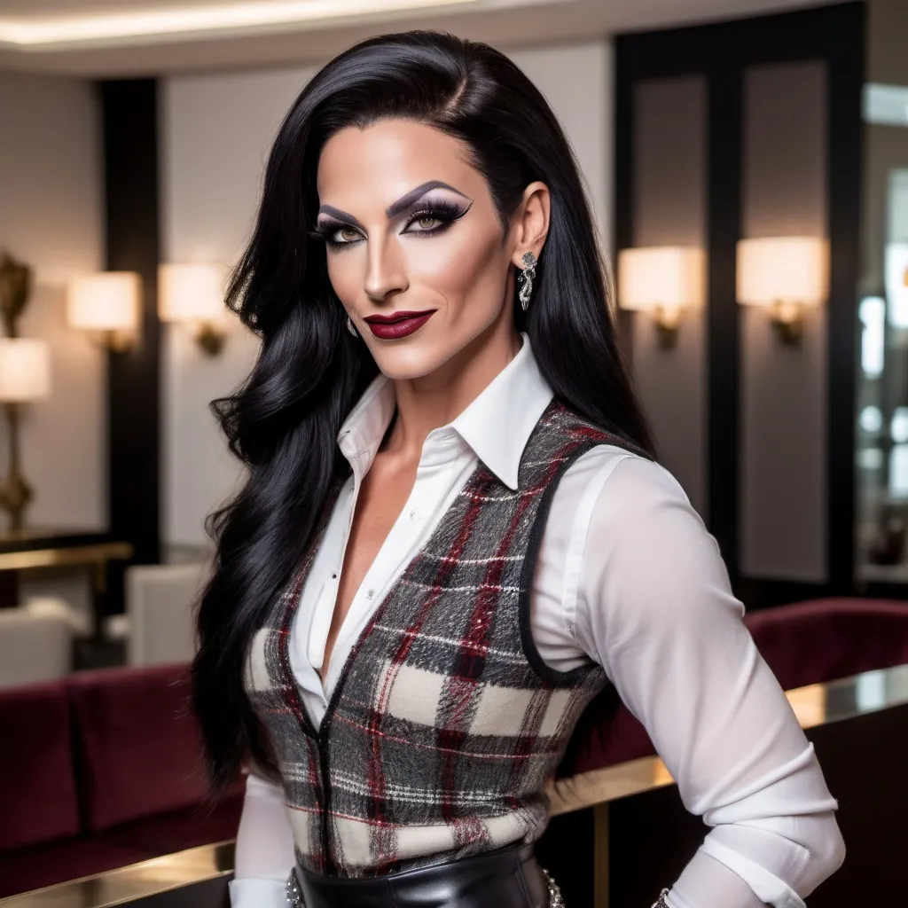 Prompt: Gorgeous muscular 35-year-old Israeli drag queen (strong masculine jawline and brow) with long straight shiny black hair, dark smoky eyeshadow and dark red lipstick, smile, silver jewels, chic white blouse, tweed sweater vest, plaid pencil skirt, standing profile in a luxe lobby, well lit, high detail & quality, 8k, pro photo.