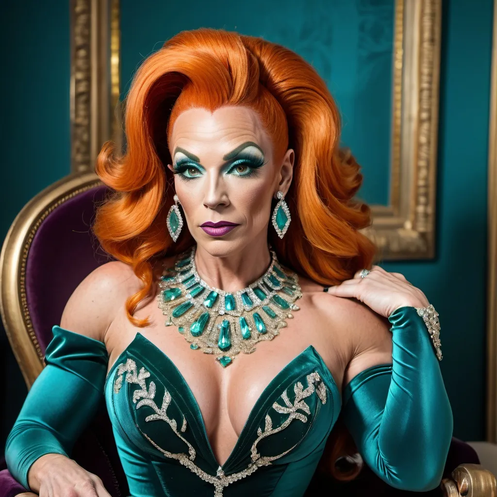 Prompt: Gorgeous muscular 35-year-old caucasian French drag queen bodybuilder with big busom and orange hair, diamond jewelry, intricate masculine facial features, elegant & elaborate teal formal dress with velvet and lace detailing, olive skin, teal high heels, sitting for a portrait photo, luxe belle epoch parlor, 8k, detailed, elegant, intricate details, Parisian vibe