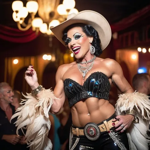 Prompt: A wide, soft focus, full-body (((cowboy shot))) of a Swiss champagne drag queen diva bodybuilder at a bohemian masquerade ball. Dramatic lighting and shadows. She is laughing heartedly, expressive body language.