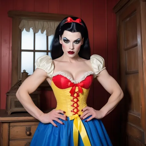 Prompt: Gorgeous ultra-muscular 25-year-old well endowed Finnish drag queen (strong masculine jawline and brow features) with dark eyeshadow,  dark lipstick, and ridiculously short shiny black hair dressed as Snow White with a yellow frilly dress, a blue & red corset, a red ribbon in her hair, and 8 inch stiletto high heel shoes.  Holding an apple in a quaint cottage.