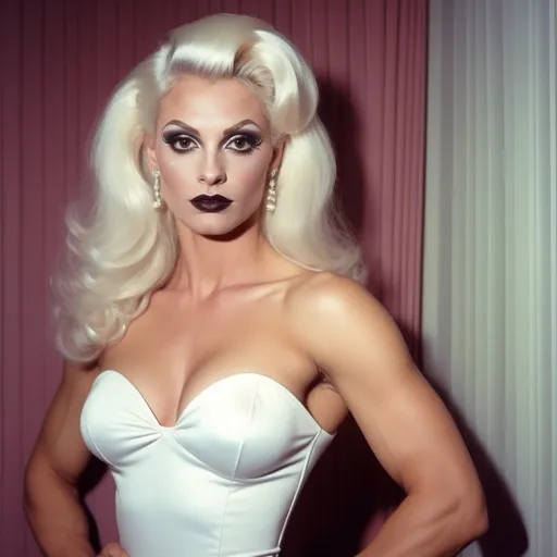 Prompt: Photorealistic retro 1980s documentary full-length still photograph, a tall gorgeous muscular 25-year-old Polish drag queen bodybuilder (dark eye makeup, dark lipstick, heavy mascara) with large busom and 1980s style platinum blonde hair, white mid-cut party dress dress, award winning full-body photography, journalism Photo, candid, socialite, dusk, beautiful retro amazing style, bold color palette 