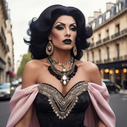 Prompt: (photorealistic) glamour photography, a handsome man DRESSED UP AS a Gorgeous muscular 35-year-old Egyptian DRAG QUEEN (with drag queen facial features, dark lipstick, large busom, dark black hair) posing elegantly in Paris, breathtaking city background, soft natural lighting, dramatic shadows, high fashion style, inspired by Guy Aroch, classic romance vibe, vibrant colors with a touch of vintage, ultra-detailed capture, showcasing intricate details in outfit and accessories, capturing the essence of Parisian beauty and sophistication.