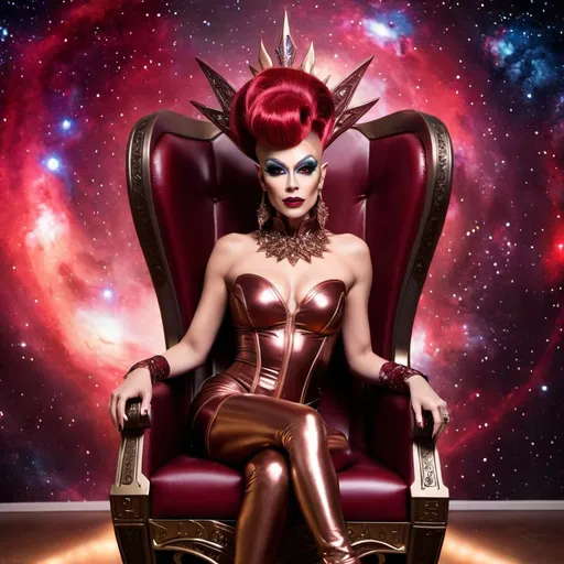 Prompt: Gorgeous alien drag queen in dark red and Bronze armir and 8 inch stiletto high heels. Posing in her throne room with a vision of the galaxy behind her.