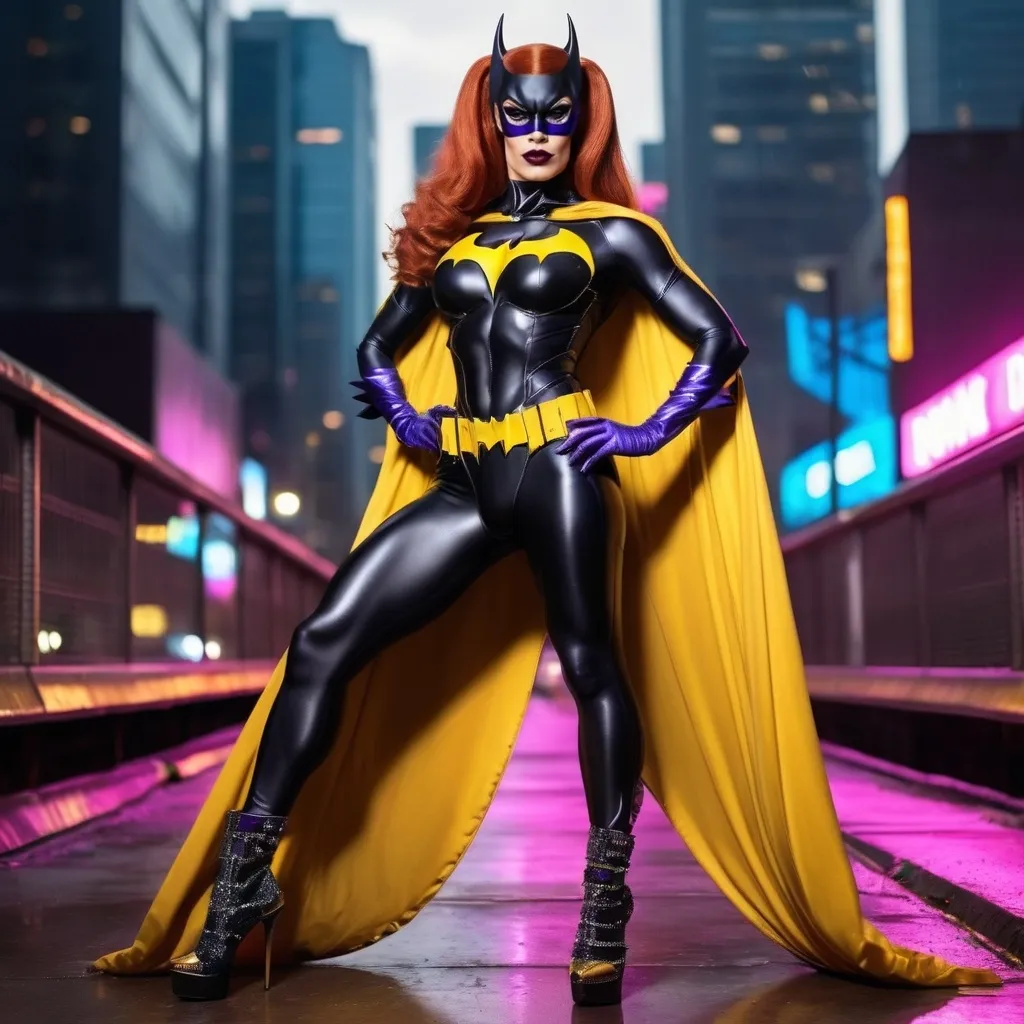 Prompt: Gorgeous muscular cyberpunk drag queen batgirl, great legs, crystal high heels,  dark lipstick.