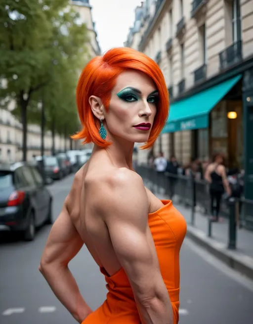 Prompt: Location: Paris
Hair color: bright orange
Hair length:  short pixie
A high definition hyper-detail live action digital photograph of a gorgeous masculine 35-year-old, athletic, genderfluid Parisan drag queen bodybuilder. Masculine jawline, chin and brow. Feminine muscular body and legs. Dark eye makeup and dark lipstick. Wearing a cute stylish teal cocktail dress, black nylon stockings, and 8 inch stiletto high heel shoes.