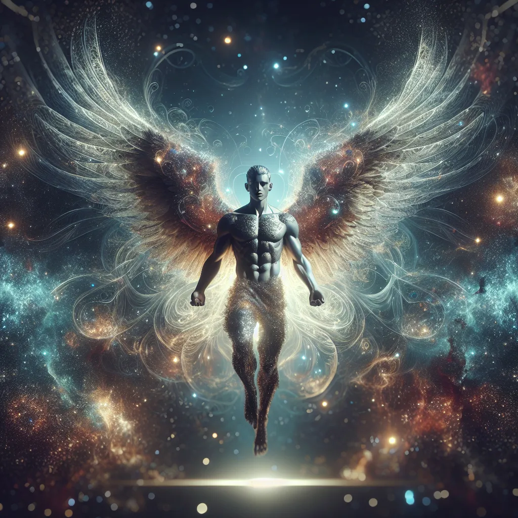 Prompt: Create a gorgeous muscular goddess (((masculine jawline and brow features))), a lovely angel, in space, suspended in mid-air, with a serene, peaceful expression, showing her full body and wingspan, symmetrical and glistening wings outstretched, masterfully rendered in exquisite detail, showcasing intricate textures, and an, ethereal ambiance, with, luminous lighting, and a silent, iridescent glow, with a mix of realism and fantasy, blending traditional and digital media, in a highly detailed, high-resolution image, with a shallow depth of field, and a subtle bokeh effect, set against a dreamy, outer space backdrop