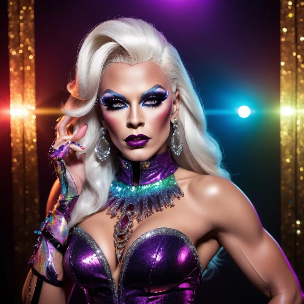 Prompt: If Odin was a gorgeous hyper-muscular 25-year-old drag queen with Dark eye makeup and dark lipstick. Wearing 8 inch stiletto high heel shoes.