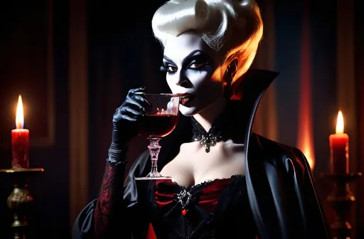 Prompt: (Drag queen vampire drinking glass of blood), in a dimly lit shadowy setting, (moody atmosphere), detailed features of the vampire, elegant attire with a touch of gothic style, shimmering glass of dark red blood, rich textures, candlelight flickering, (ultra-detailed), deep, dramatic shadows, and an overall eerie yet sophisticated ambiance.