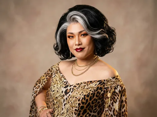 Prompt: With striking features and an undeniable elegance, the 35-year-old Japanese drag queen poses confidently for the camera, her voluminous black hair accentuated by a prominent silver streak at the front. Her makeup is bold, featuring warm orange tones that beautifully complement her complexion, and her lipstick is dark  red highlighted. Adorned in a patterned off-the-shoulder dress showcasing a mix of leopard print and vibrant gold accents, she enhances her look with layered gold jewelry, including chains and a delicate bracelet that catch the light. The soft, neutral backdrop emphasizes her glamorous presence, setting a sophisticated yet striking mood that captivates the viewer.