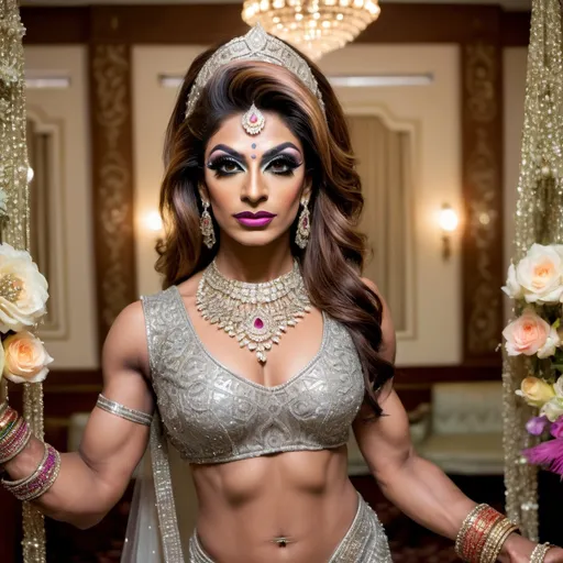 Prompt: Full shot of a beautiful, well-proportioned, physically-attractive, Pakistani drag queen bodybuilder, standing, with graceful sway, looking at us.
A bride, in a mirrored ante-room.
Adorned with bindi, necklaces, earrings, flowers in the hair, finger rings, bangles, armlets, waistbands, ankle-bells, kajal-eye-liner, toe-rings, henna-tattoo, perfume, sandal wood paste, flowing silk shawl and lower silk garment.
Glamor with Grace.
Very decent woman, able to evoke awe and admiration. Fascination.