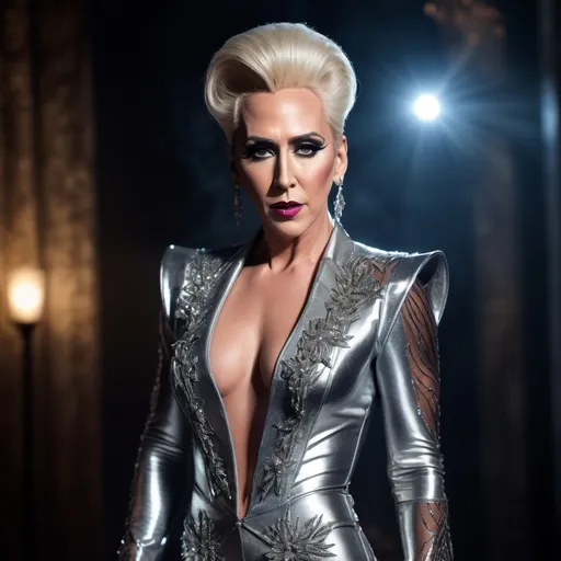 Prompt: beautiful full body length photograph of Nicholas Cage dressed up as the most beautiful Czechian drag queen, fashion model, muscular physique, 8 inch stiletto high heel shoes, evil, darkness, royal, black and silver, extremely, detailed environment, detailed blur background, intricate, detailed skin, natural colors , High-resolution, professionally color graded, photorealism, 8k, moody lighting.