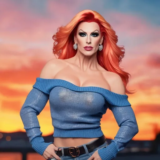 Prompt: Fantastic, flamboyant, very muscular, 35-year-old caucasian drag queen with large busom dressed in jeans and off the shoulder sweater. Hyper-realistic quality. Sunset background. 