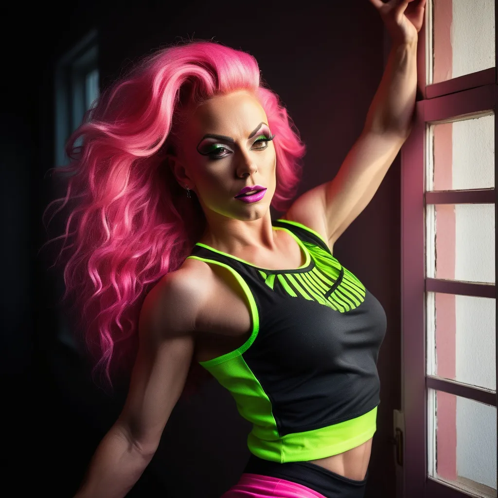 Prompt: 64k , high resolution ,dark colors ,digital photography, glamour photography , art photography , professional , dark room , window with opened shutters ,sunlight shines the woman through the window  , a gorgeous ultra-muscular 25-year-old Finnish drag queen with athletic physique dancing with a content look on her face , long pink hair, neon green sleeveless crop top shirt , detailed white floral short circle skirt ,necklace , legs , 8 inch stiletto high heel shoes, close up ,drama , light and shadow photography , low angle shot