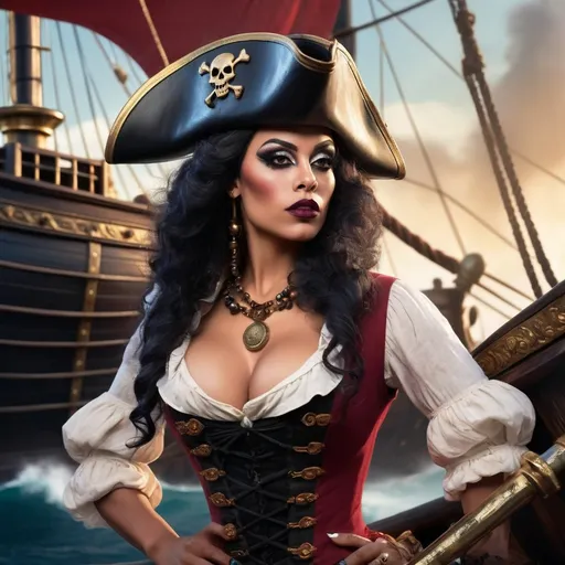 Prompt: A stunning, hyper-realistic and vividly colored depiction of a gorgeous muscular 35-year-old Caribbean pirate drag queen (dark eyeshadow, dark red matte lipstick, black hair, abd big busom) in the 1860s. She stands confidently at the bow of a majestic pirate ship, holding a telescope as she searches for her next prey.