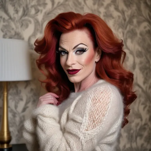 Prompt: Gorgeous muscular 35-year-old red-headed French drag queen in a modern home, against a wall with wallpaper and furniture background
wearing long cable knitted angora mohair sweater , (extremely fluffy:1.8) angora mohair sweater, from side, looking at viewer, smile, (full lips:1.8), dark red lipstick, daek eyeliner, dark makeup, 8k, very detailed, green eyes, very detailed eyes,
source_real, raw, photo, amateur, french drag queen, Close-Set Eyes, [eyecolors violet], full lips, high cheekbones, weak receding chin, burgundy, lob, light blue, lip gloss, __15JeweleryMaterials__ __14Piercing__, large busom,  gorgerous, outdoor, portrait, , highly detailed, detailed skin, depth of field, film grain
(photorealistic) (bokeh) (intricate details) (cinematic lighting) (sharp focus)
