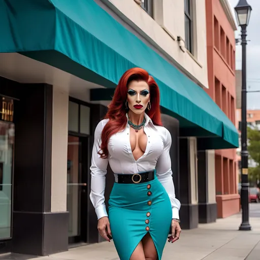 Prompt: Detailed full-body digital photograph of a Gorgeous ultra-muscular 35-year-old Greek drag queen bodybuilder, dark eye shadow and dark red lipstick,  high-street background, classy white button-up blouse, teal knee-length pencil skirt, 8 inch stiletto high heel shoes, ridiculously long straight shiny dark orange hair, choker necklace, detailed clothing, realistic, natural lighting.  Composition focus on legs.