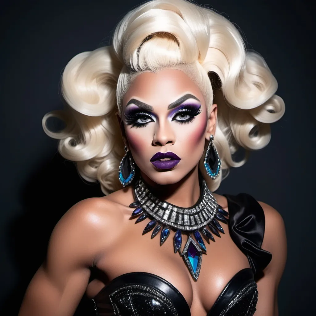 Prompt: If Zeus was a gorgeous hyper-muscular 25-year-old drag queen bodybuilder with Dark eye makeup and dark lipstick. Wearing 8 inch stiletto high heel shoes.