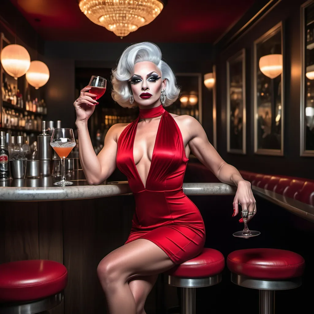 Prompt: A gorgeous ultra-muscular 25-year-old Belgian drag queen bodybuilder wearing a red short dress with very short straight silver hair and dark red lipstick and silver 8 inch stiletto high heels sitting at a luxurious bar drinking a martini