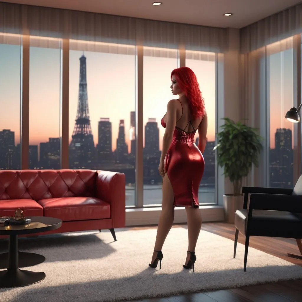 Prompt: a living room with a large window overlooking a city skyline at night time with a couch and chairs in front of a large window, Alena Aenami, photorealism, unreal engine render, a digital rendering, a beautiful muscular French drag queen bodybuilder in short office dress stands by the bay window and looks out, a digital hi-res hyper-realistic photograph, long red straight hair, high definition, sunlight, 8k, 4k, arabesque, 