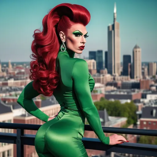 Prompt: Gorgeous muscular 25-year-old Belgian drag queen (strong masculine jawline and brow) with very long dark red tight updo hair in a green outfit and 8 inch stiletto high heel shoes, with a cityscape background, Erlund Hudson, transgressive art, promotional image, a character portrait