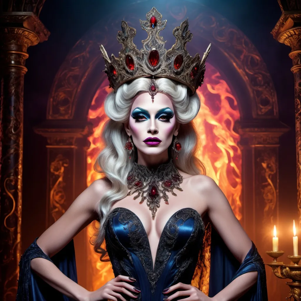 Prompt: The most beautiful caucasian drag queen  in Hades wearing the traditional Hades dress.