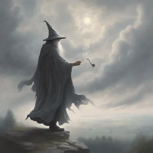 Prompt: Misty morning, clouds in the sky
Without warning, a wizard walks by
Casting his shadow, weaving his spell
Long, grey cloak, tinkling bell