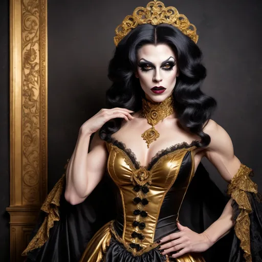 Prompt: elegant gorgeous muscular young vampire drag queen in gold and black tones and victorian dress