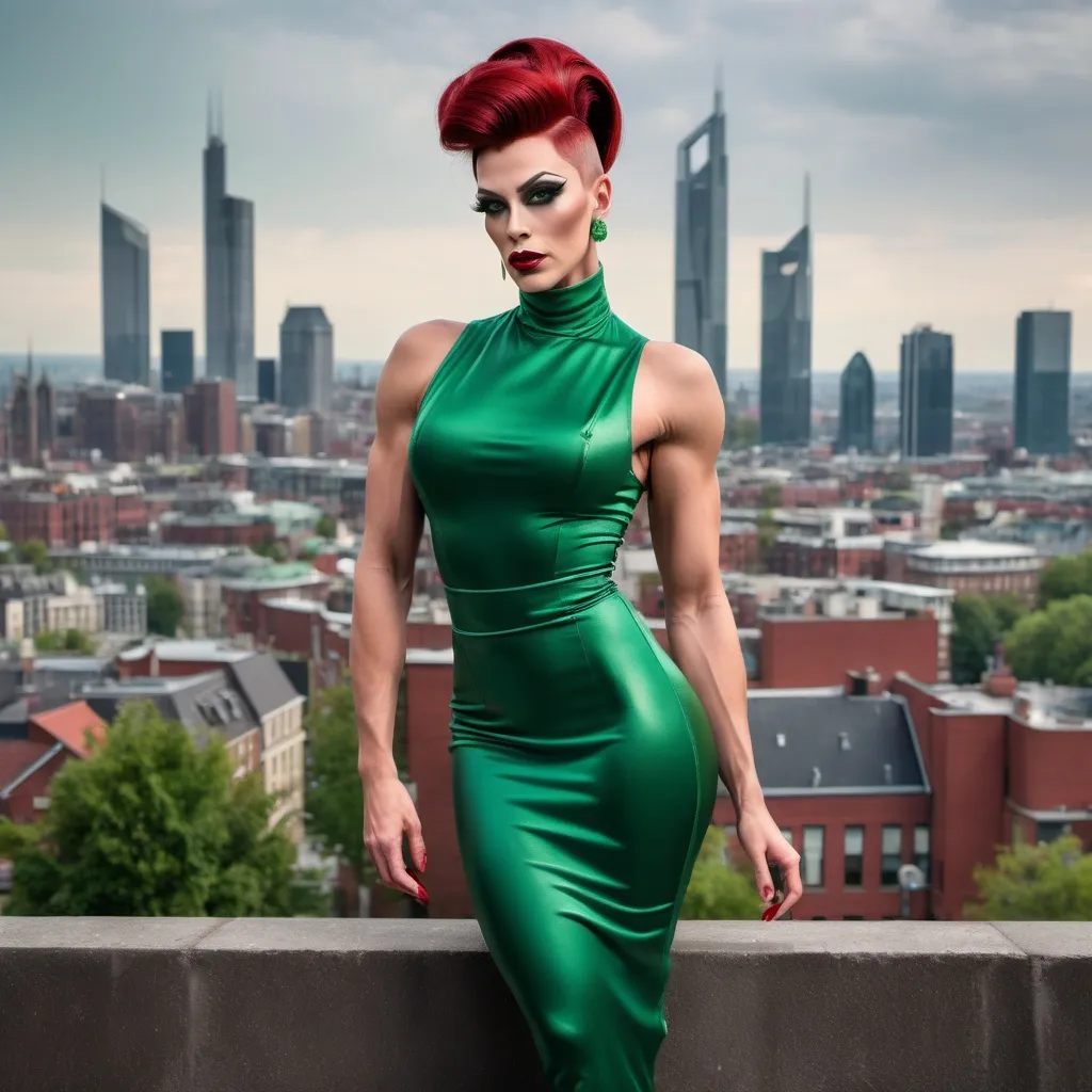 Prompt: Gorgeous muscular 25-year-old Belgian drag queen (strong masculine jawline and brow) with very long dark red tight updo hair in a green outfit and 8 inch stiletto high heel shoes, with a cityscape background, Erlund Hudson, transgressive art, promotional image, a character portrait