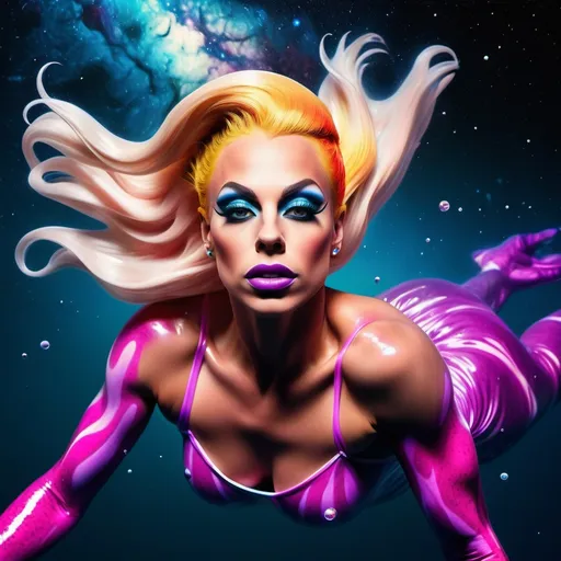 Prompt: A gorgeous ultra-muscular 25-year-old Swedish drag queen goddess swimming in a lake of liquid Mercury in outer space. Vivid colors. Hd imaging.