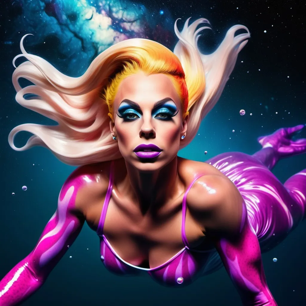 Prompt: A gorgeous ultra-muscular 25-year-old Swedish drag queen goddess swimming in a lake of liquid Mercury in outer space. Vivid colors. Hd imaging.