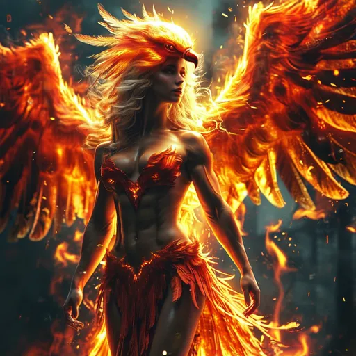 Prompt:  a flaming phoenix hovers overtop a 25-year-old muscular goddess. The 25-year-old goddess has clothes made of flames from the Phoenix and looks like a phoenix as a 25-year-old goddess. Full length. Muscular. Large busom.