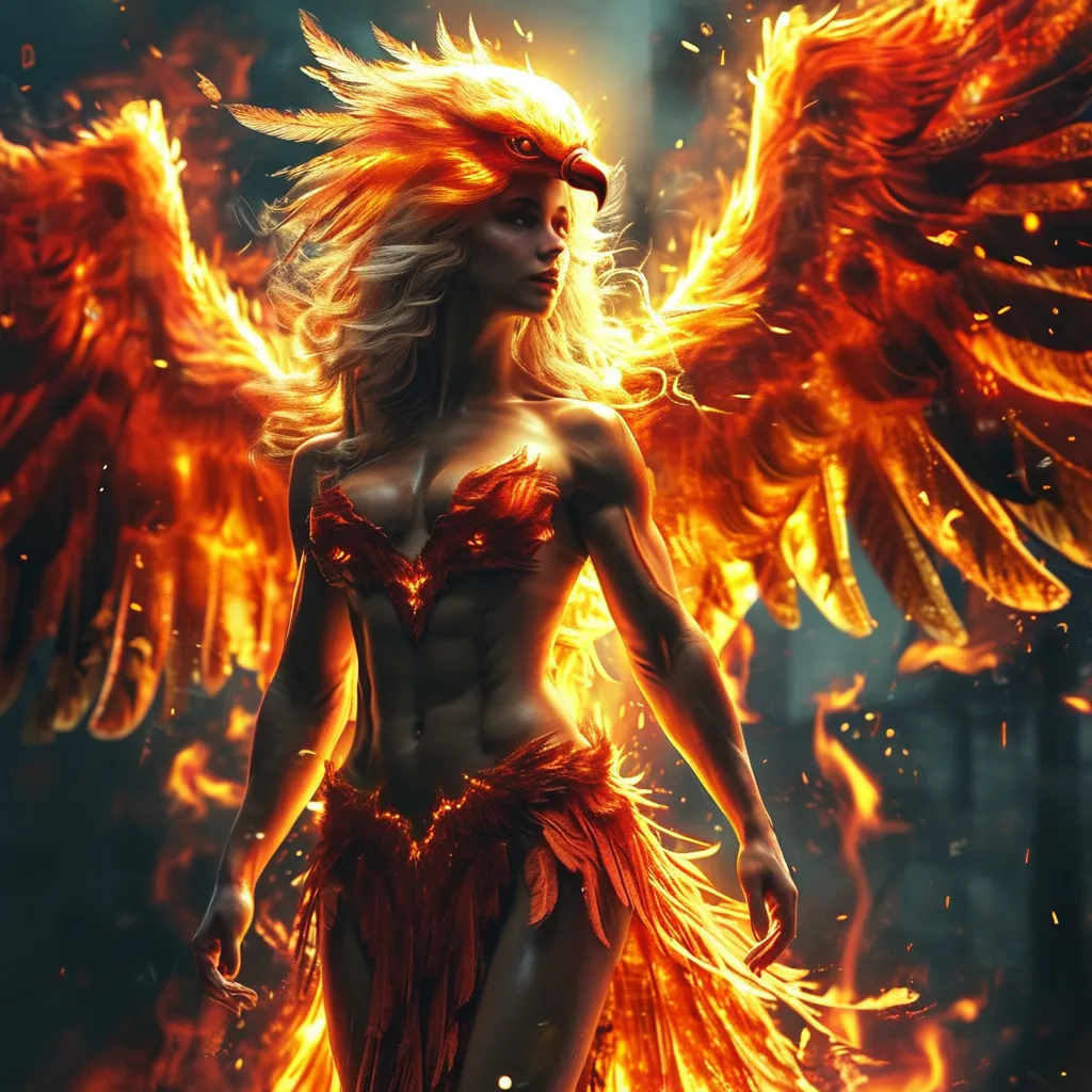 Prompt:  a flaming phoenix hovers overtop a 25-year-old muscular goddess. The 25-year-old goddess has clothes made of flames from the Phoenix and looks like a phoenix as a 25-year-old goddess. Full length. Muscular. Large busom.