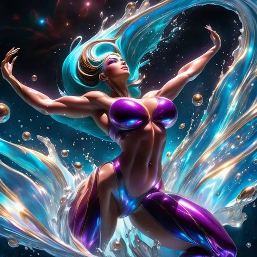 Prompt: A gorgeous ultra-muscular goddess swimming in a lake of liquid Mercury in outer space 