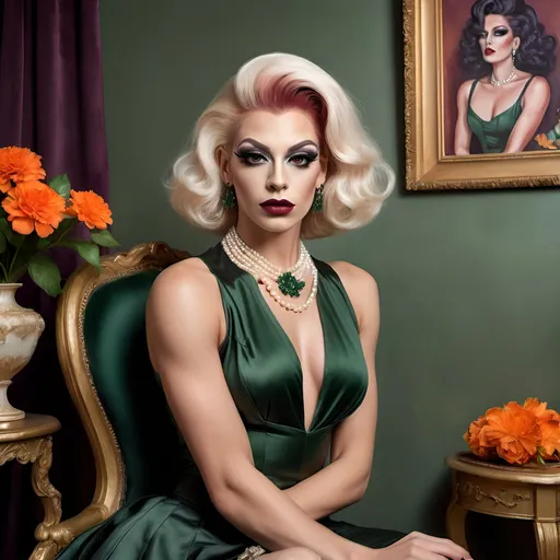 Prompt: oil painting of beautiful muscular 25-year-old Austrian drag queen (dark eyeshadow and dark red lipstick) wearing an (elegant sleeveless dark green blouse, pearl necklace), and (off-white fancy skirt,fancy dark orange hairstyle), sitting on armchair near a perfectly designed room with aesthetic wall and plum curtain, vase with flowers near the woman (close up shot) , good composition 