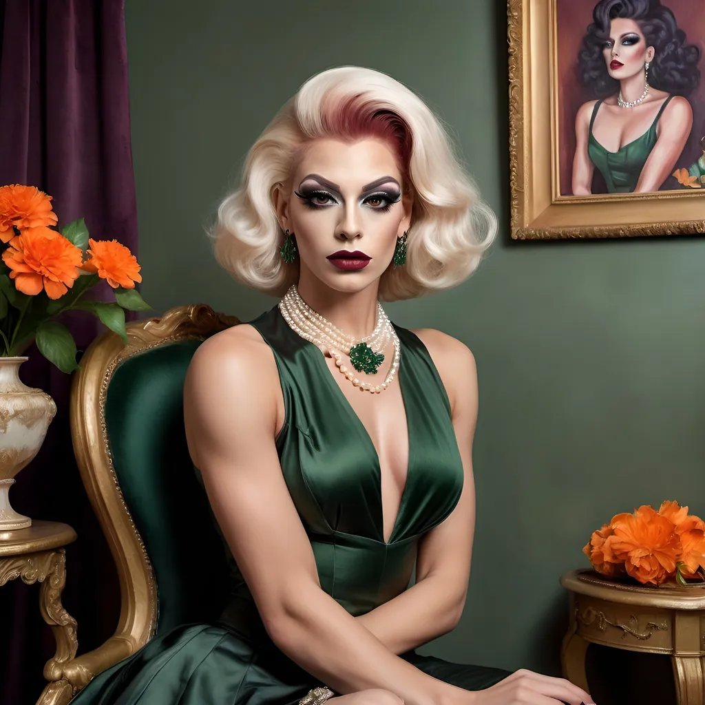 Prompt: oil painting of beautiful muscular 25-year-old Austrian drag queen (dark eyeshadow and dark red lipstick) wearing an (elegant sleeveless dark green blouse, pearl necklace), and (off-white fancy skirt,fancy dark orange hairstyle), sitting on armchair near a perfectly designed room with aesthetic wall and plum curtain, vase with flowers near the woman (close up shot) , good composition 