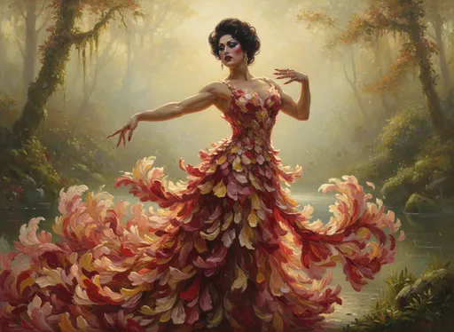 Prompt: A muscular 35-year-old Japanese drag queen (with dark eyeshadow, dark red lipstick,  long dark red manicured fingernails) wearing a dress made of flower petals gracefully dancing in golden sunlight . Mist. Soft, warm glow, delicate motion, ethereal atmosphere, dreamy natural setting. A painting in the style of 19th-century realism.