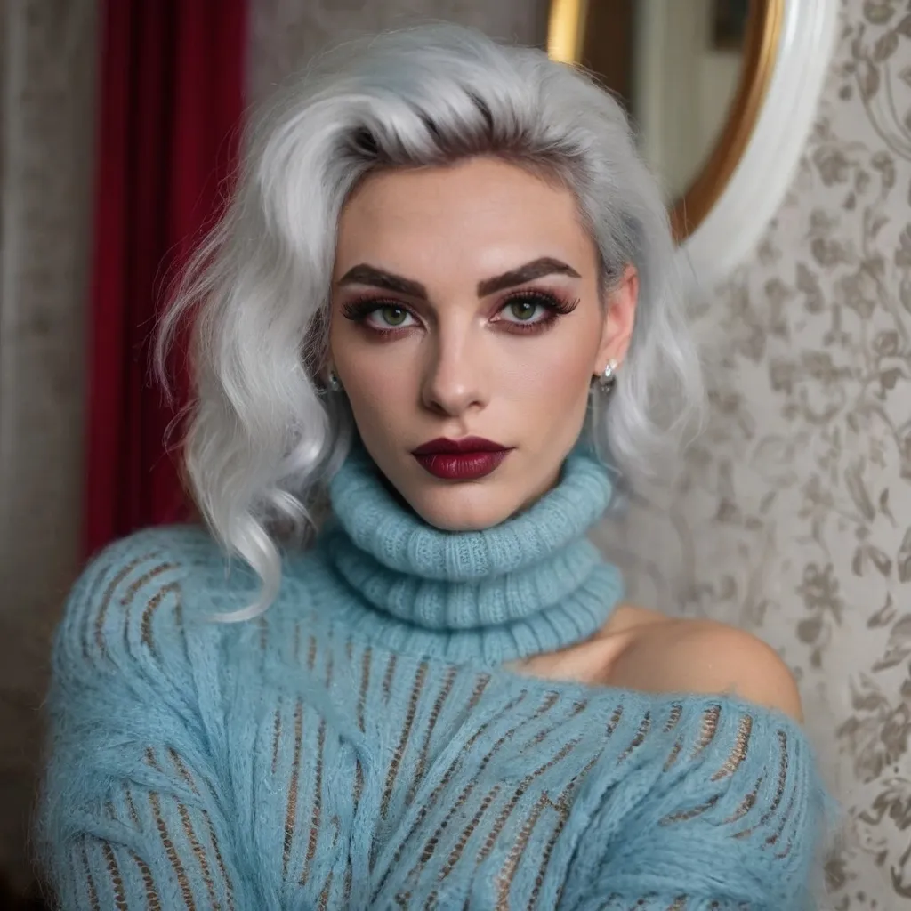 Prompt: Gorgeous muscular 25-year-old silver-haired French drag queen (masculine jawline and brow facial features) in a modern home, against a wall with wallpaper and furniture background
wearing long cable knitted angora mohair sweater , (extremely fluffy:1.8) angora mohair sweater, from side, looking at viewer, smile, (full lips:1.8), dark red lipstick, daek eyeliner, dark makeup, 8k, very detailed, green eyes, very detailed eyes,
source_real, raw, photo, amateur, french drag queen, Close-Set Eyes, [eyecolors violet], full lips, high cheekbones, weak receding chin, burgundy, lob, light blue, lip gloss, __15JeweleryMaterials__ __14Piercing__, large busom,  gorgerous, outdoor, portrait, , highly detailed, detailed skin, depth of field, film grain
(photorealistic) (bokeh) (intricate details) (cinematic lighting) (sharp focus)
