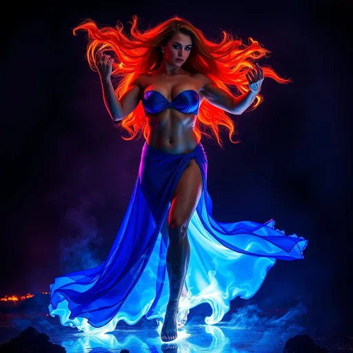 Prompt: Gorgeous ultra-muscular 25-year-old Swedish drag queen bodybuilder dancing on blue flame, silhouette, lava, long flowing blue flame gown, huge busom, long wavy fiery hair, long muscular legs, very muscular dancing female, mystical background, 