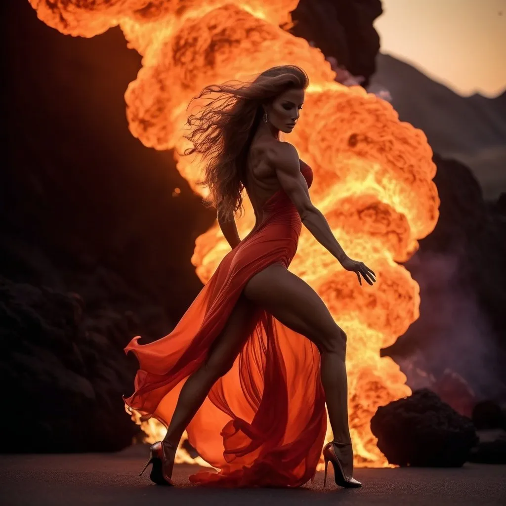 Prompt: Gorgeous dancing 25 year old bodybuilder female, dancing on fire, silhouette, lava, low cut, long flowing fire gown, huge busom, long wavy fiery hair, long muscular legs, 8 inch stiletto high heel shoes, very muscular dancing female, ethereal background, 