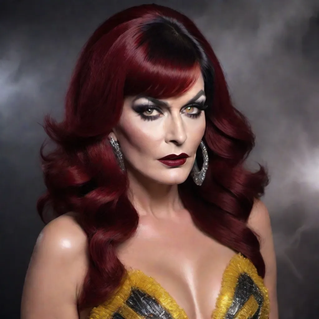 Prompt: image of Charlie Sheen dressed as a gorgeous 25-year-old (((full figured))) Czechian drag queen with very long professionally styled Dark red hair, wearing a flamboyant, yet conservative black yellow and silver Bob Mackie designer Gown, heavy eye makeup,  dark red lipstick, posing in a smokey Cabaret. hyper-realistic quality, ultra-detailed 4K imagery.