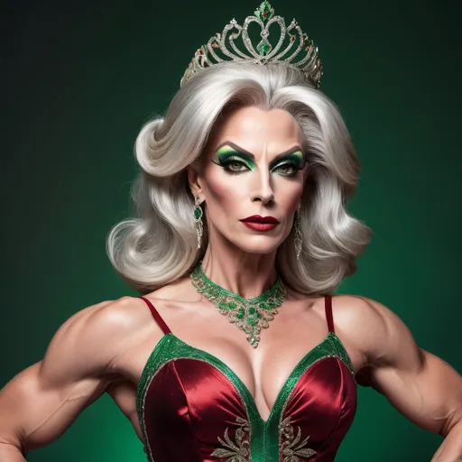 Prompt: A portrayal of a regal looking British drag queen bodybuildet in her mid 40s, with long silver updo hair, a bronze circlet on top of her head, mesmerising green eyes, high cheekbones, fair skin, narrow waist, slim complexion, wearing an elegant dark red ball gown with intricate embroidered details and 8 onch stiletto high heel shoes, standing on a majestic staircase.