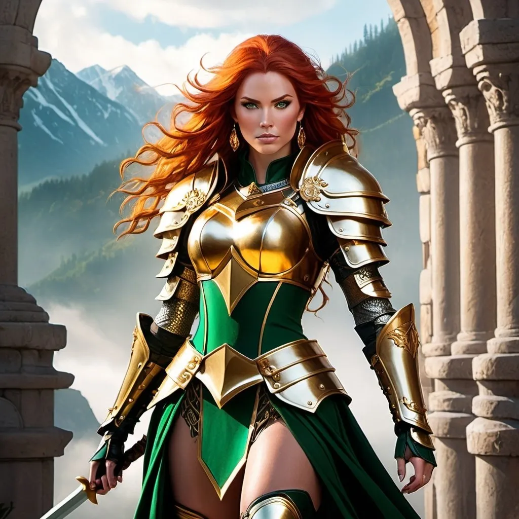 Prompt: Create a highly detailed and stylized full body photograp of a powerful 45 years old fantasy warrior woman with long red hair and captivating green eyes, standing confidently in her majestic golden armor with 8 inch stiletto high heel armored boots, Incorporate Artgerm's signature intricate designs and details into her ornate armor, including a breastplate and shoulder guards that highlight her nobility and strength.
Adorn her with a striking golden crown featuring pointed, horn-like extensions and large, matching gold earrings that enhance her regal appearance. Set the 45 years old woman against a breathtaking, rugged, mountainous landscape with ancient, majestic buildings in the distance, adding a sense of grandeur and epic scale to the scene.
Draw inspiration from artists such as Artgerm, Julie Bell, Beeple, and Aly Fell, combining their styles to create a unique and visually stunning photograph. Ensure high detail and meticulous rendering of her facial features, hair, armor, and the fantasy environment, capturing the essence of a formidable warrior queen who commands attention and admiration in a mystical, otherworldly setting. Full length,  fullbody. 