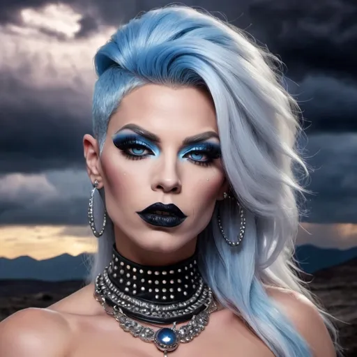 Prompt: Emo 35-year-old drag queen, muscular 
physique, black lipstick, black eyeliner, long eyelashes, blue eyes, studded choker, big lips, long nose, bare shoulders, stormy sky. Masterpiece, perfect face, beautiful, vivid colors, photorealism, portrait