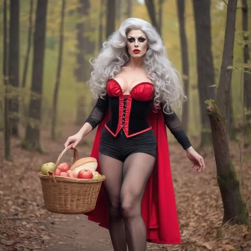 Prompt: Gorgeous 25-year-old (caucasian) muscular Austrian drag queen ((strong masculine jawline and brow)) with fit figure, and ridiculously long wavy silver hair (((blowing in the wind))), dressed as Little Red Riding Hood, black sheer nylon stockings, and 8 inch stiletto high heel shoes, walking through the forest carrying a basket of food.