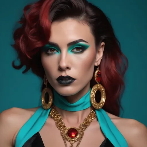 Prompt:  (A gorgeous muscular 25-year-old Macedonian drag queen (masculine jawline and brow features) with dark eyeshadow, 
dark lipstick,  and dark orange hair wearing a teal Versace), fierce pose, dramatic (red and black color palette), high-fashion editorial style, luxurious fabric textures, sleek and chic outfit details, vivid presence, modern ambiance, strong emotional intensity, cinematic lighting, backdrop of elegant high-fashion runway, (ultra-detailed, 4K).