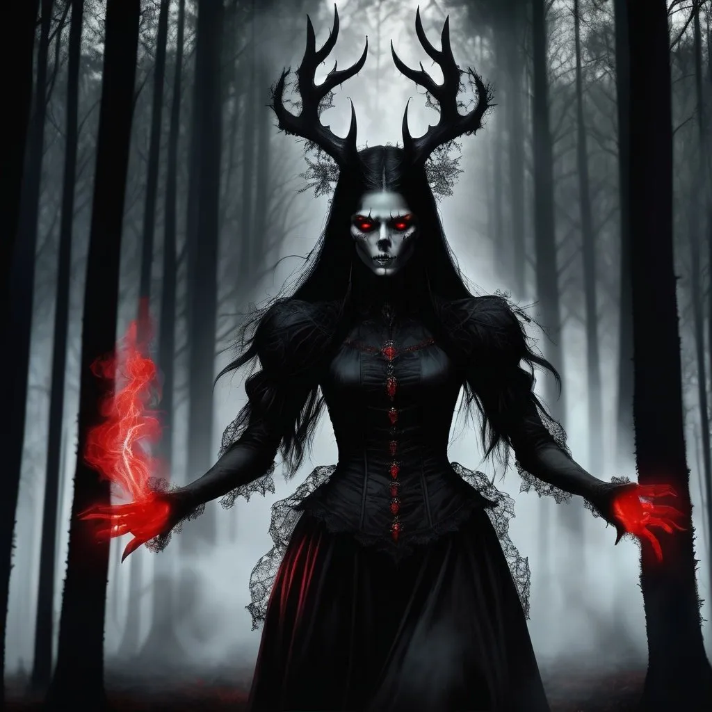 Prompt: a creepy black smoke with red eyes and hands in the dark forest with a light coming from behind it, Anne Stokes, gothic art, dark fantasy art, a digital rendering
