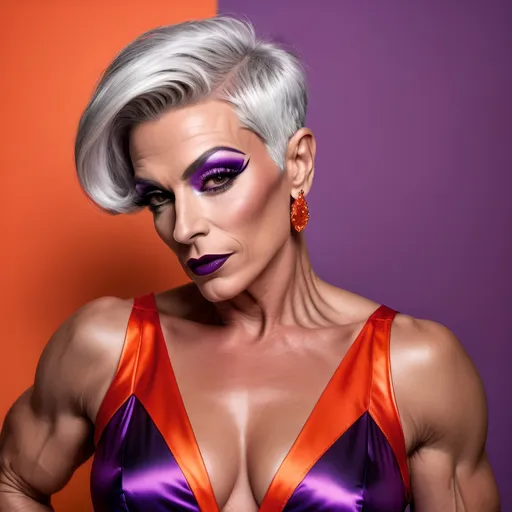 Prompt: A gorgeous muscular 45-year-old French drag queen bodybuilder with short sassy silver hair, dark eyeshadow, and dark lipstick, wearing (Spritz Aperol dress)  a fashionable dress inspired by the vibrant hues of the classic cocktail, (bright red and vivid purple colors), elegant and stylish design, summery vibe, refreshing aesthetic, delicate fabrics that mimic liquid flow, ambient lighting casting warm glows, ultra-detailed, 4K quality, playful and lively atmosphere, ideal for summer outings or gatherings, showcasing a sense of joy and celebration.