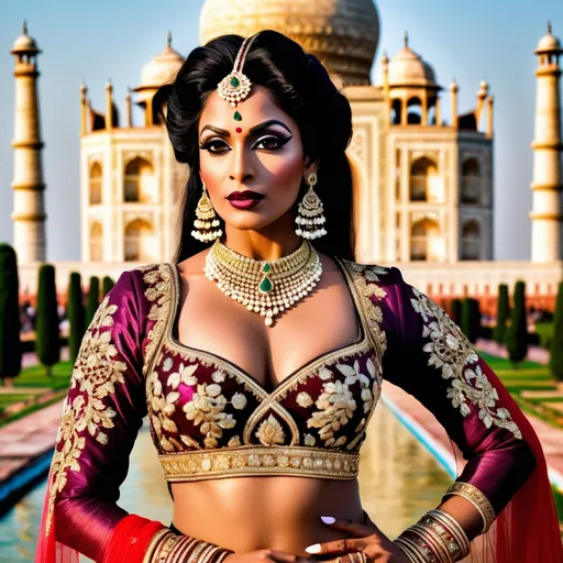 Prompt: In 1670's a gorgeous, very muscular 35-year-old Indian drag queen (with strong masculine facial features, dark lipstick, large busom) standing majestically in front of the Taj Mahal, wearing an opulent and elaborate traditional Indian royal dress adorned with intricate gold embroidery and sparkling jewels. She exudes grace and power, with a serene yet commanding expression that captures the admiration of the gathered crowd. The scene is composed with expert artistry, featuring dramatic lighting that highlights the rich textures of her attire and the architectural beauty of the Taj Mahal. The composition should feel like a professional artistic photograph, with meticulous attention to details in posture, facial expression, and the interplay of light and shadow, creating an atmosphere of regal elegance and reverence.