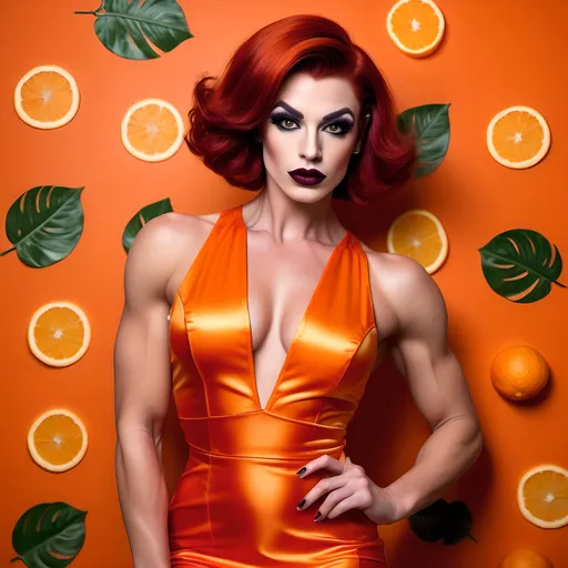 Prompt: A gorgeous muscular 25-year-old French drag queen bodybuilder with short sassy dark red hair, dark eyeshadow, and dark lipstick, wearing (Spritz Aperol dress)  a fashionable dress inspired by the vibrant hues of the classic cocktail, (bright orange and vivid yellow colors), elegant and stylish design, summery vibe, refreshing aesthetic, delicate fabrics that mimic liquid flow, ambient lighting casting warm glows, ultra-detailed, 4K quality, playful and lively atmosphere, ideal for summer outings or gatherings, showcasing a sense of joy and celebration.