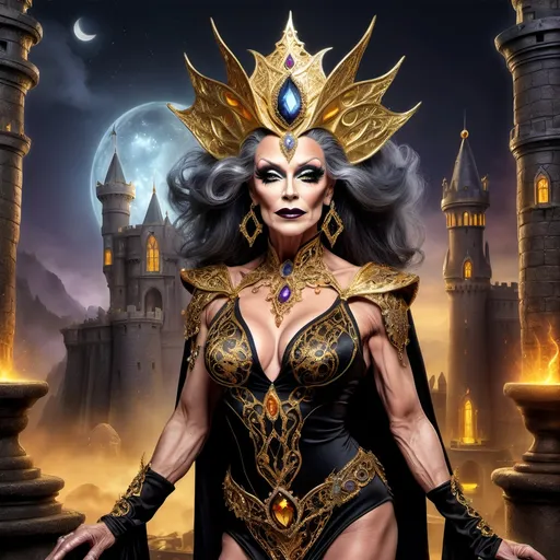 Prompt: Fantasy illustration of a powerful 70-year-old British drag queen bodybuilder sorceress, vibrant gold and black color palette, ancient castles in the background, dark eye makeup, darl lipstick,  flowing silk garments with intricate Wiccan patterns, majestic headdress adorned with gemstones, 8 onch stiletto high heel shoes, mystical glowing staff, high quality, detailed fantasy, British, mystical, powerful sorceress, gold and block, ancient castles, flowing garments, Wiccan patterns, majestic headdress, glowing staff, fantasy illustration, vibrant colors, mystical atmosphere